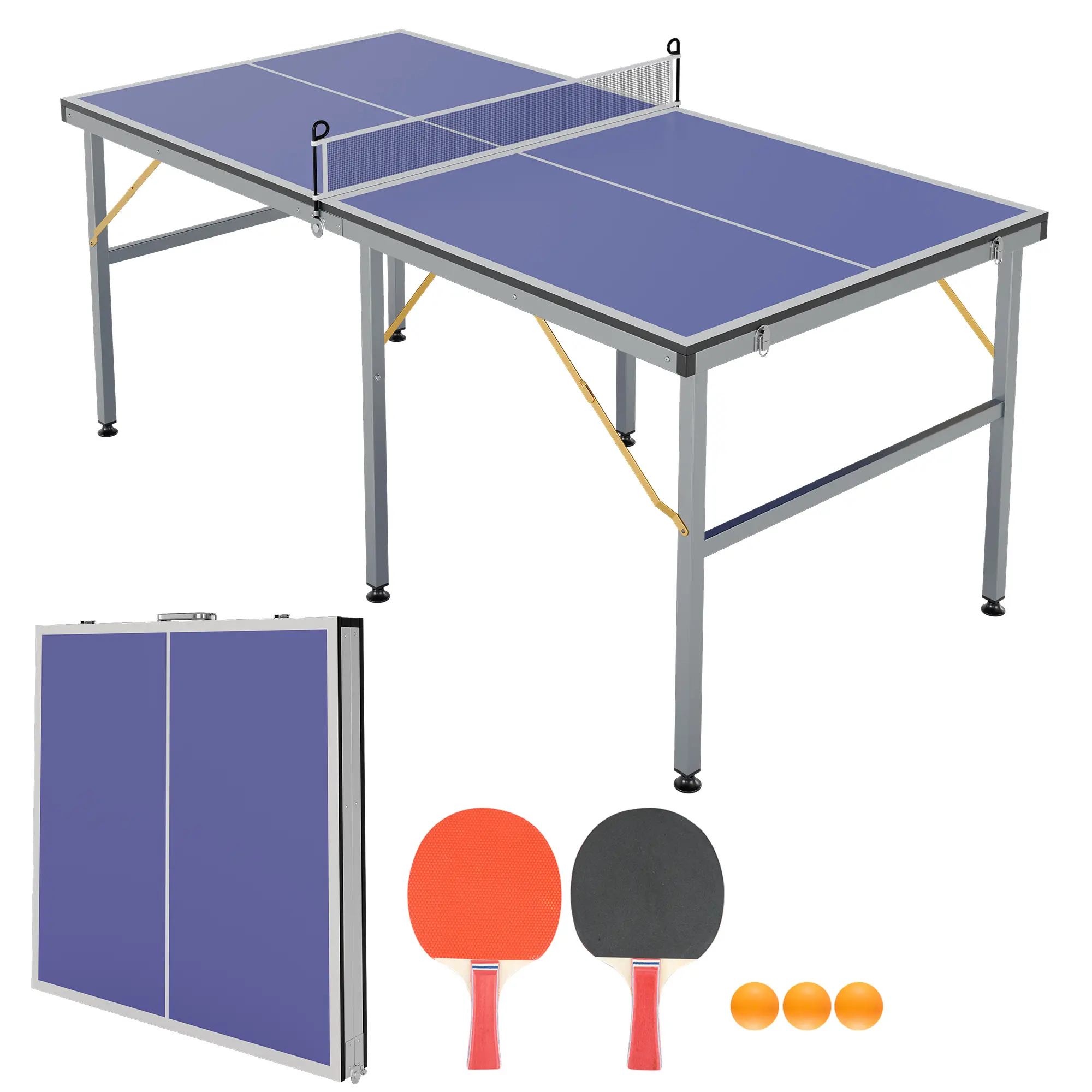 6 x 3 ft Portable Ping Pong Table  , Indoor/Outdoor Table Tennis Table with Net, Foldable Lightweight Aluminum Frame, 2 Paddles & 3 Balls, Quick Assembly