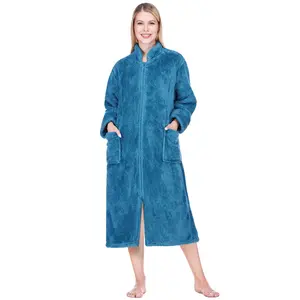 PAVILIA Womens Housecoat Zip Robe, Sherpa Zip Up Front Robe Bathrobe, Fuzzy Warm Zipper House Coat Lounger for Women Ladies Elderly with Pockets, Fluffy Fleece Long