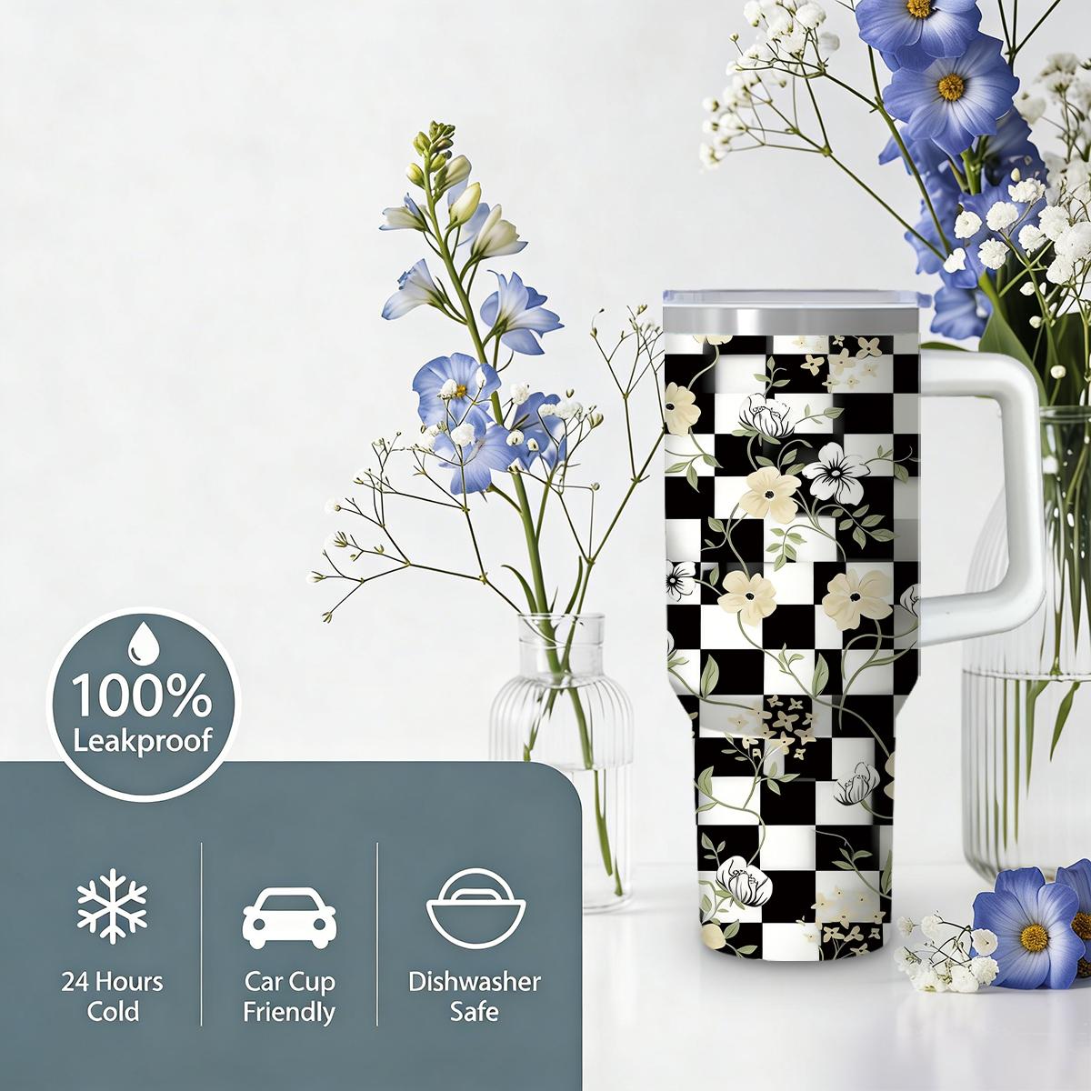 30 oz Sweet & Edgy Checkerboard Floral Insulated Tumbler, Y2K Aesthetic Black & White Checkered Travel Mug with Cream Flowers, Comfort Handle & Straw, Preppy Gift for Her, 48H Iced