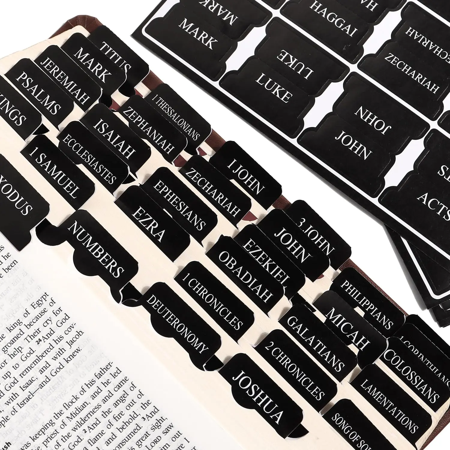 Black Bible Tabs for Men | 66 Printed Scripture Index Tabs (Old & New Testament) + 24 Blank Customizable Tabs | Easy-Read Paper Chapter Markers for Bible Study
