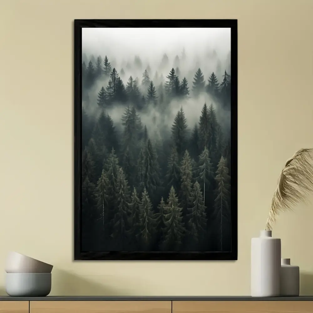 1pc Artistic Foggy Forest Canvas Print - 15.7x23.6in Oil Painting Reproduction Wall Art Painting, Non-Solid Wood Frame Room Decor Decoration for Living Room, Bedroom, Ideal Home & Holiday Birthday Gift