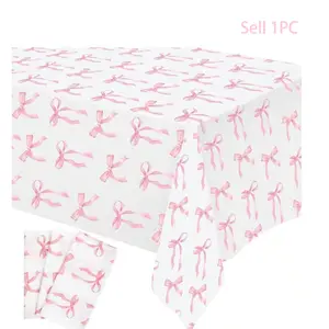1PC Pink Bow Table Cloth，Coquette Bow Table Cover，Rectangle Pink Tablecloth Disposable Table covers，Coquette Party Decorations For Wedding Engagement，Bridal Birthday Decor，party essential