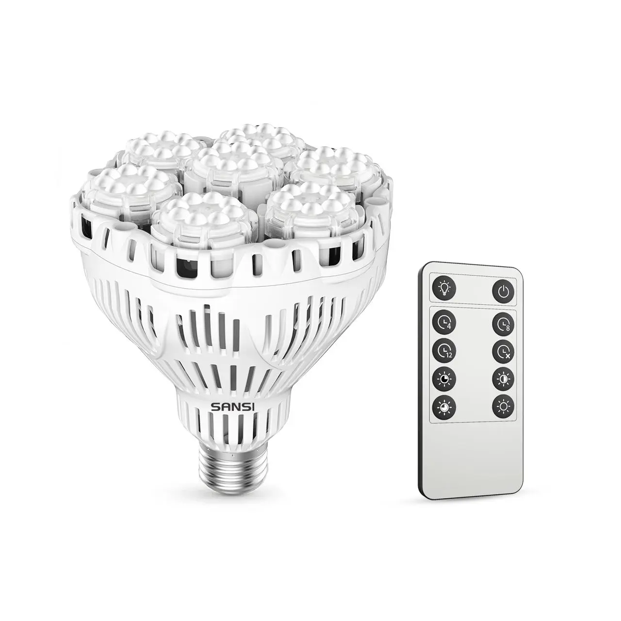 Sansi 40W Full Spectrum Ceramic Grow Light Bulb with Optical Lens, High PPF, 5-level Dimming, 4/8/12H Auto On/Off Timer, Polycarbonate Build, Remote Control, Energy-Efficient Natural Light for Seeding, 5Level Dimming, Light Bulbs