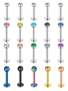 Rhinestone Decorated Lip Studs Piercing Set, 20pcs Stainless Steel Ball Lip Studs Ear Bone Studs Set, Multi-color Ear Studs, Body Piercing Jewelry Flat Ear Studs, Fashion Body Jewelry, High Quality Jewelry