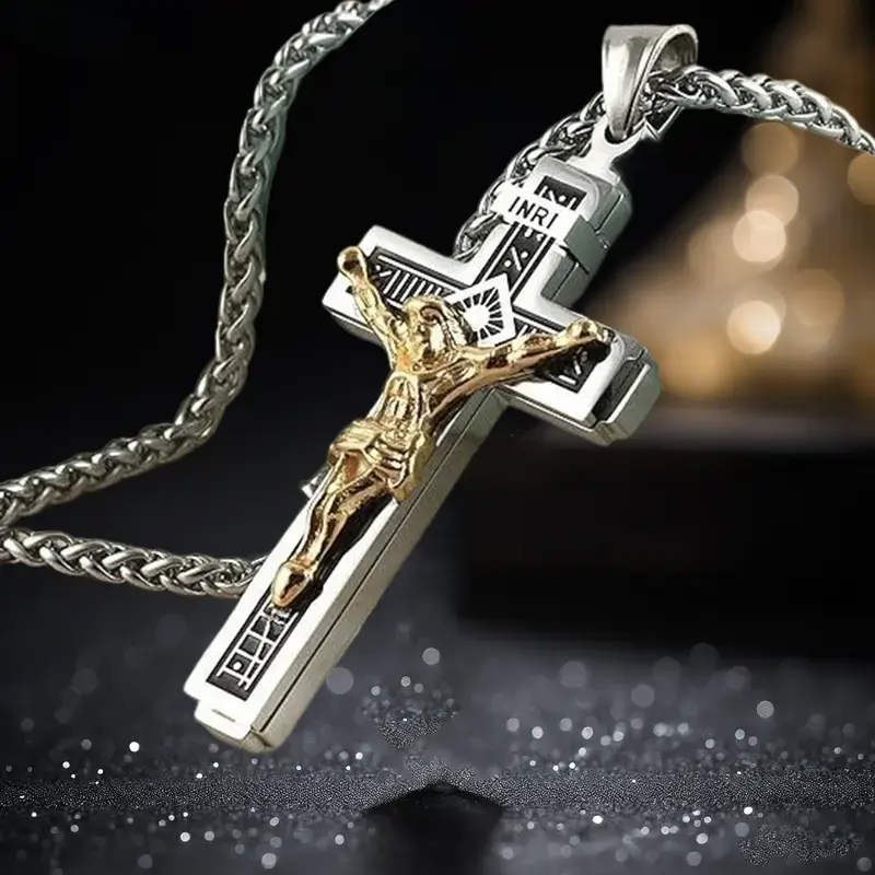Men's Cross Shape Stainless Steel Necklace - Minimalist Simple Look, Inscribed, Durable Daily Wear Fashion Accessory