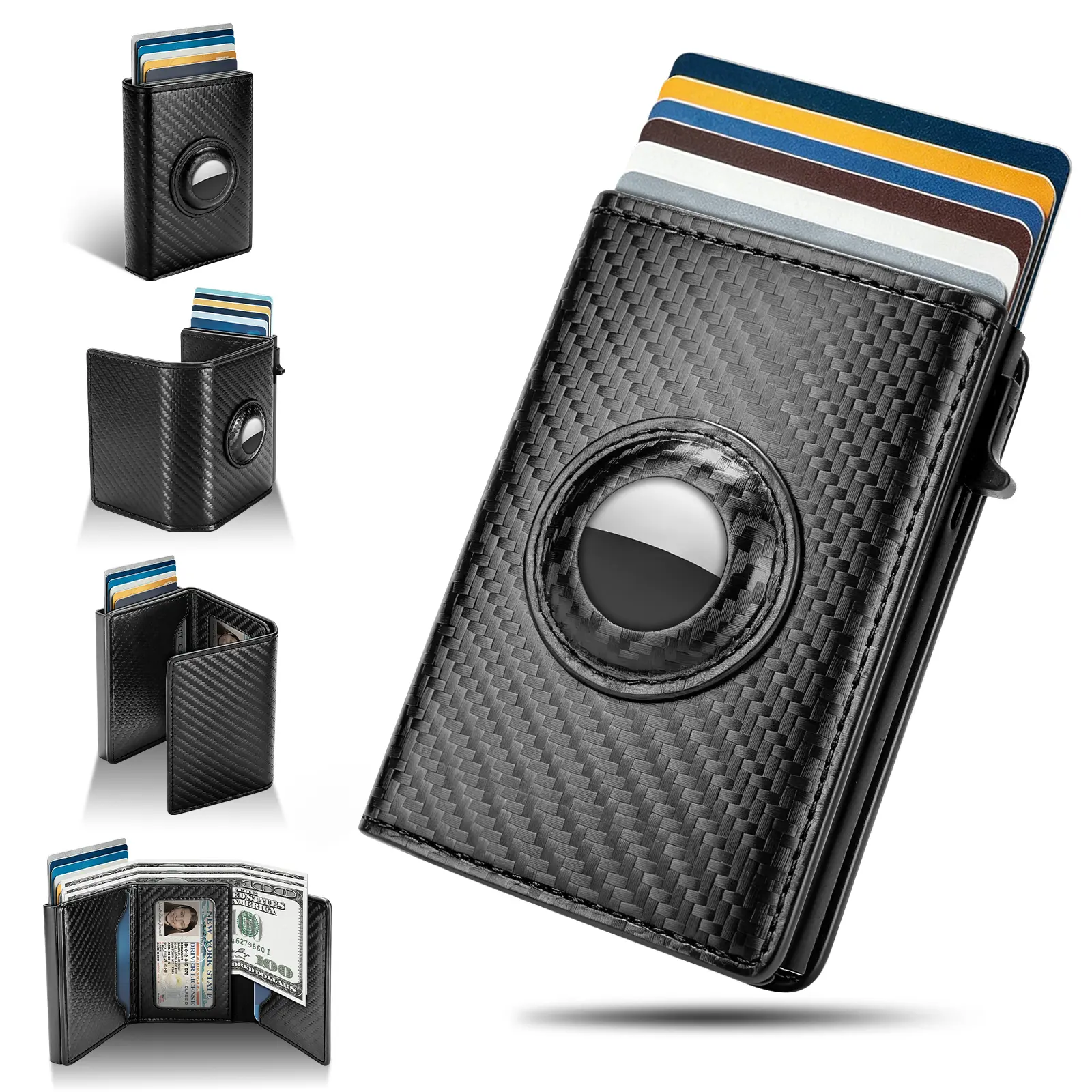 Men's Minimalist Leather Pop-Up Wallet, Aluminum Credit Card Holder with RFID Theft Proof Protection, AirTag Slot and ID Window, Secure Card Storage, Casual Card Holder
