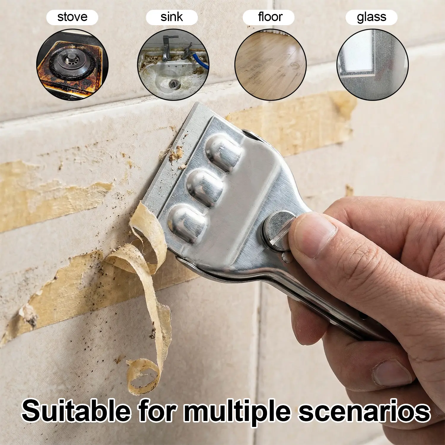 VAYWET Stainless Steel Multifunctional Scraper - Multi-Blade Set with 5 (1.7x5.3 in) Blades, Sticky Mess Gone Hand Tool for Household Cleaning, Windows, Tile & Glass Ready, Wallpaper Decal Off