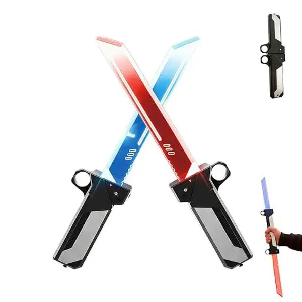 Realistic Lightsaber - Dual-Blade 2-in-1 Toy with Reversible Hilt, Swing-to-Extend Plug-in Retractable (4.72in-8.66in), Red/Blue Colored LED Light Saber Stick, Glowing Blade for Cosplay & Collecting, Colored Led Light Saber Swords