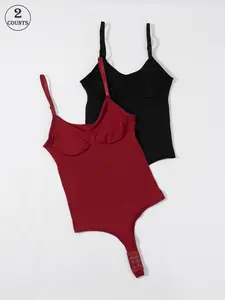2-piece women's shapewear with adjustable straps, T-shaped crotch buckle, no chest cushion, solid color slim fit women's jumpsuit Bodysuit