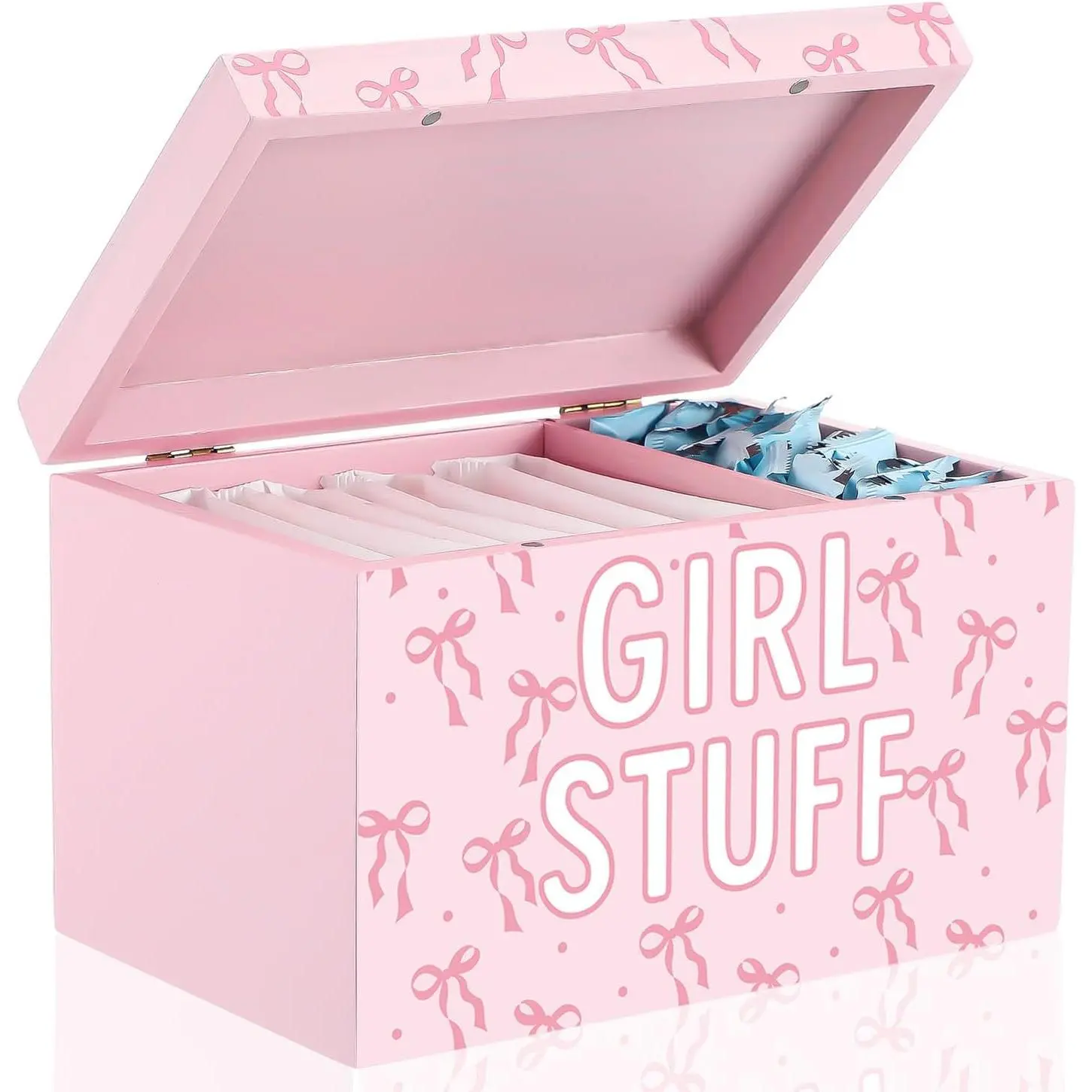 Pink Bow Wood Feminine Product Organizer Box - Hinged Lid Tampon & Pad Holder, Bathroom Storage Accessory, Cute Home Supply Gift