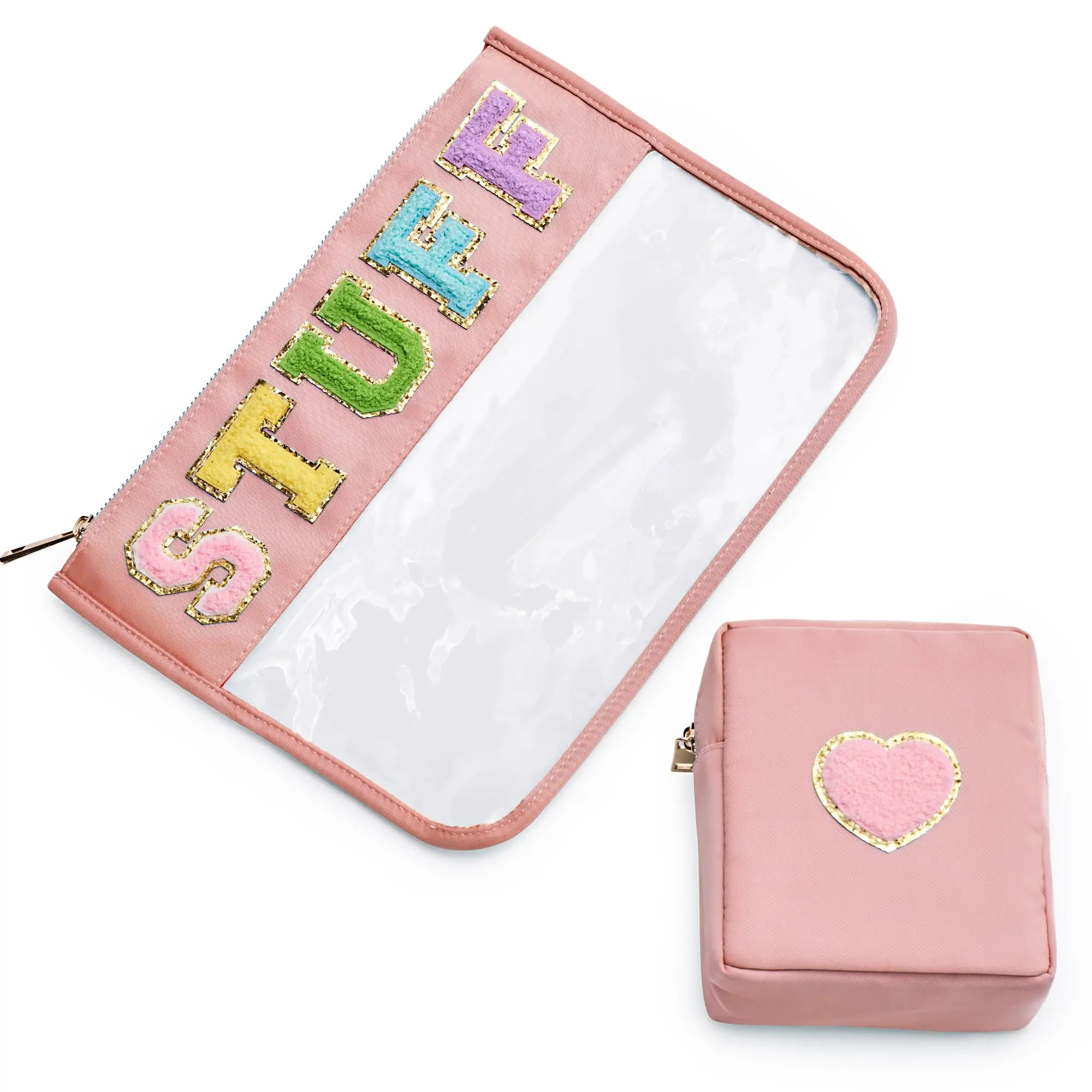 BAGMIND Preppy Patch Stuff Bag for Travel, 2 PCS Chenille Letter Clear Sunscreen Bag, PU Waterproof Beach Snack Makeup Cosmetic Bag Pouch, Gift for Women Girls