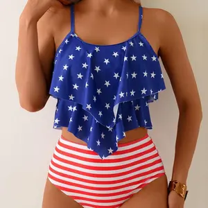 2026 Women's 2pcs Star & Flag Print Lace Up Wrap Bikini Set, Deep V Neck Sleeveless Swim Top & High Waist Swim Bottom, Two-piece Swimsuit for Summer Beach Holiday Vacation, Bikinis Sets, Swimsuits for Women