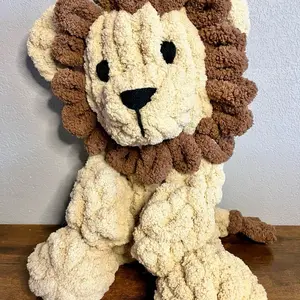 Knitted Stuffy Lion Plush Toy 16” Small Size Made with Polyester Chunky Yarn, Filled with Polyfill, Embroidered Eyes and Mouth