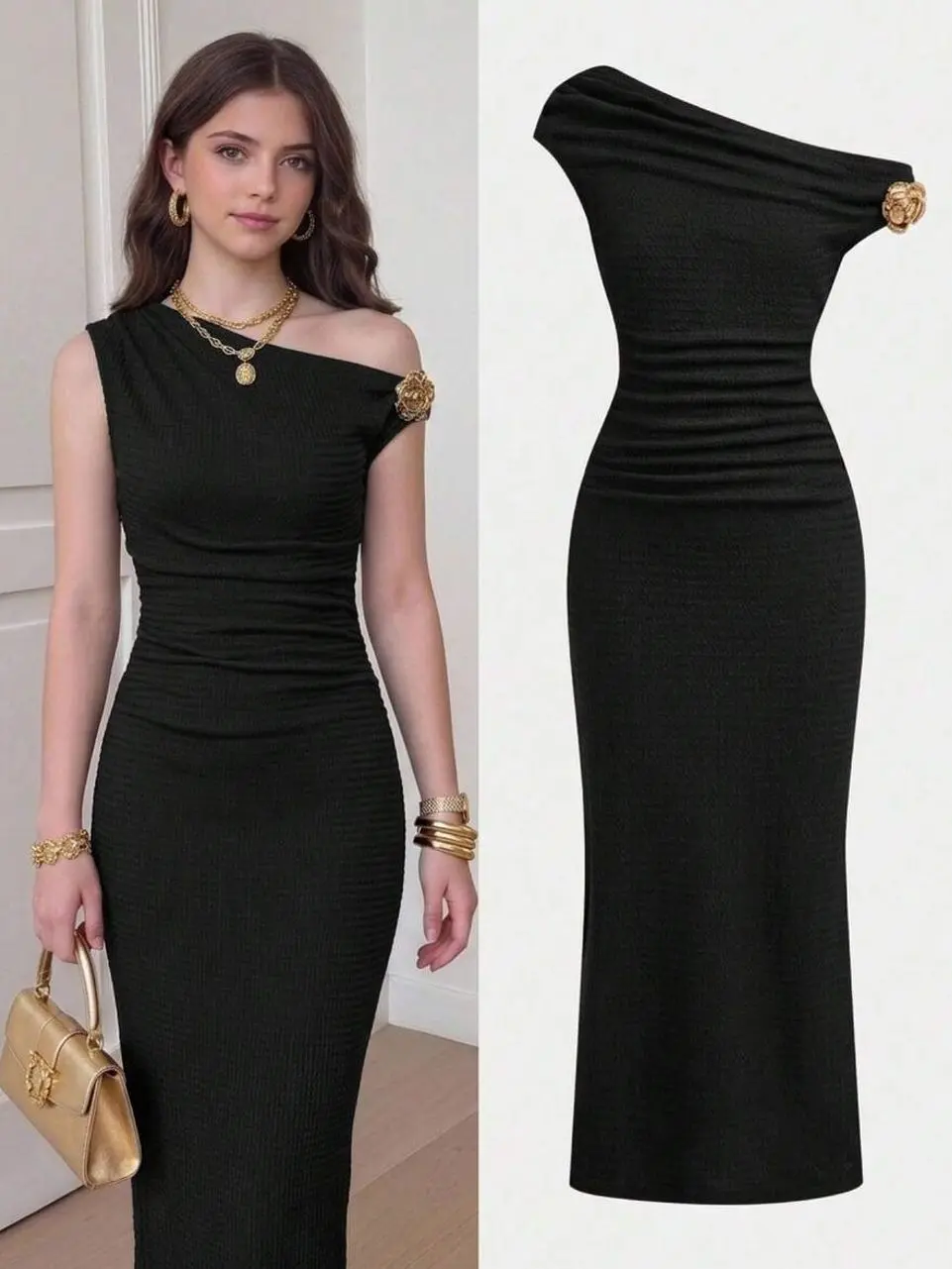 Teen Girls Metallic Bow Bodycon Maxi Dress, Off-Shoulder Ruched Knit Dinner Party Outfit