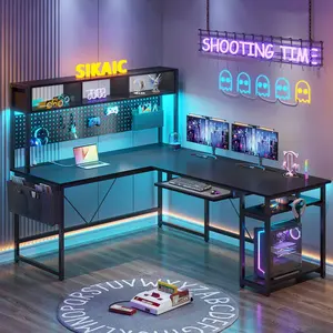Sikaic L Shaped Desk with LED Lights Reversible Computer Desk Power Outlet Pegboard Black Tables Industrial Style 19.7D x 67W x 57H Engineered Wood Top Storage Shelves Keyboard Tray Headphone Hook