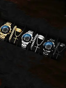 12 cool watches, paired with sturdy bracelets, unique cross pendants, and rings, all designed in a fusion style that exudes a cool vibe. Trendy Watch Set Exquisite dial with multifunctional timing function Quartz Watch Set