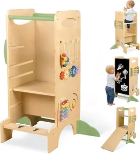Toddler Tower Kitchen Step Stool with 3 Adjustable Heights, Counter Chalkboard, Montessori Learning Activities, Fine Motor Skills & Cognitive Development