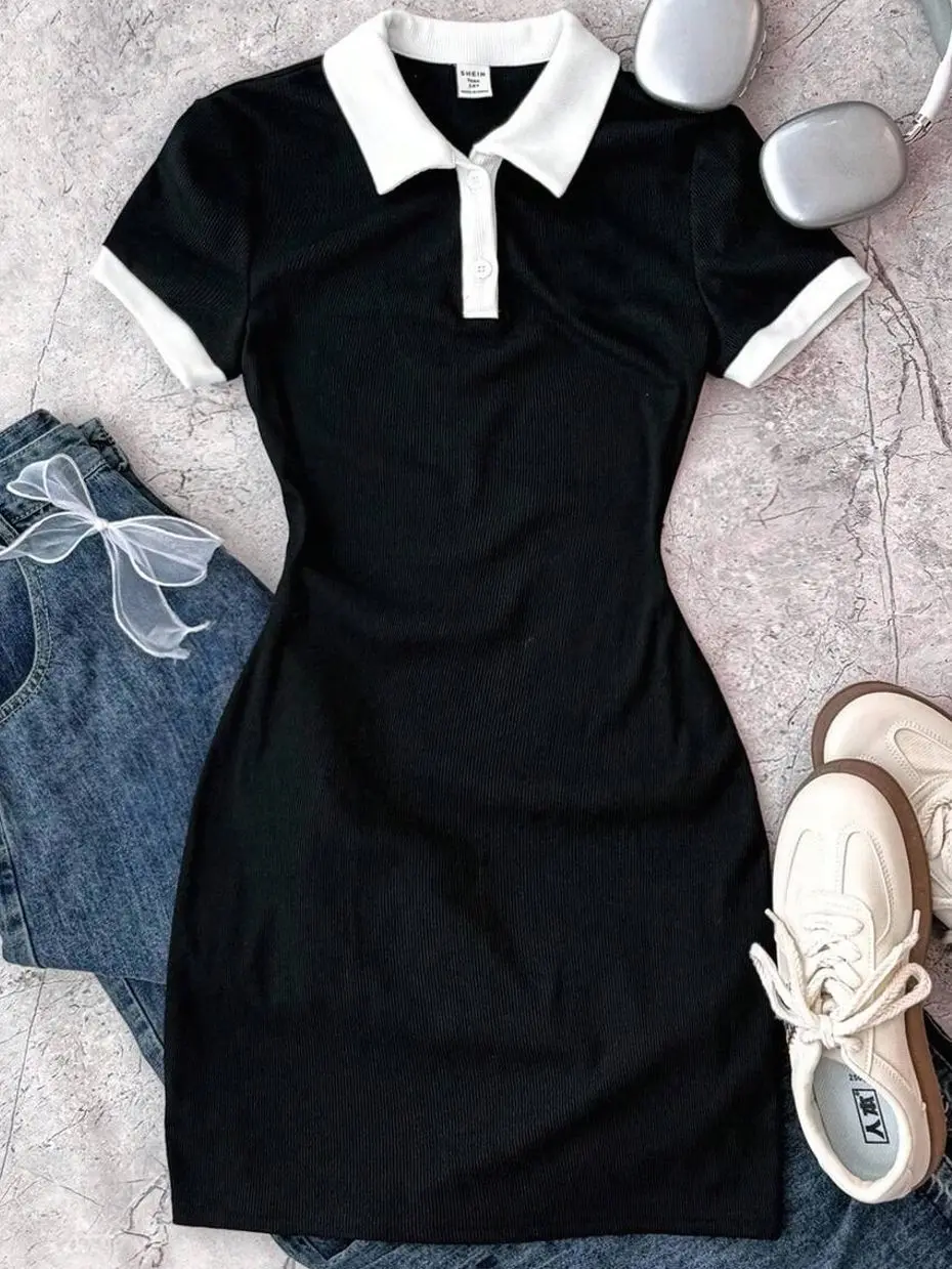 Teen Girls' Contrast Collar Patchwork Dress, Fitted Minimalist Casual Mini Dress for School