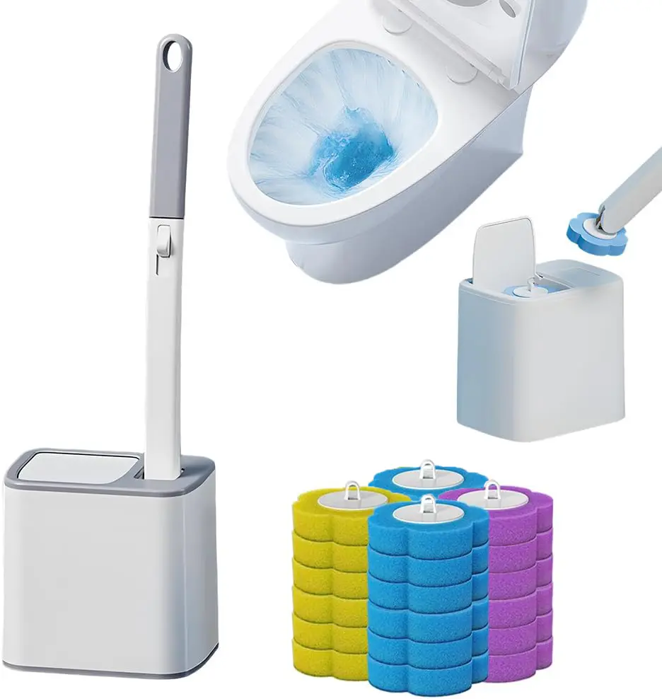 Disposable Toilet Brush, Toilet Bowl Wand Holder Set with 24PCS Cleaner Refills, Bathroom Cleaning System for Sink Bathtub Drain Wash Basin Urinal,Wall-Mount Scrubbing Toilet Brush Bathroom Cleaning Kit
