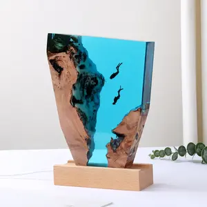 Ocean Creative Epoxy Resin Wood Light Lamp, Handmade Multi Color Aquatic Ocean Lamp, Perfect Decorative Piece, Exquisite Art Figurine for Desktop, Deep Sea Diver Cave Diving Enthusiasts LED Night Light, Christmas Birthday Gift