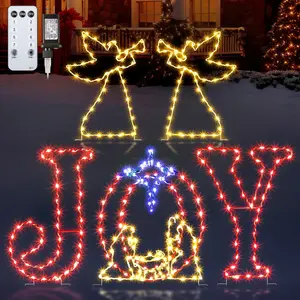 5 Pcs 51'' Christmas Joy Nativity Angel Lights Decorations for Yard, Religious Scenes Window Silhouette with 8 Modes and Timer, Remote Control Xmas Garden Decor with Stake for Home Lawn Pathway(Blue)