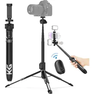 Vlogging Tripod for Phone and Camera, 60" Tripod Stand for  and Android with 3 Cold Shoes for Light and Microphone (Both are not Included), Selfie Stick with Remote for Video Recording