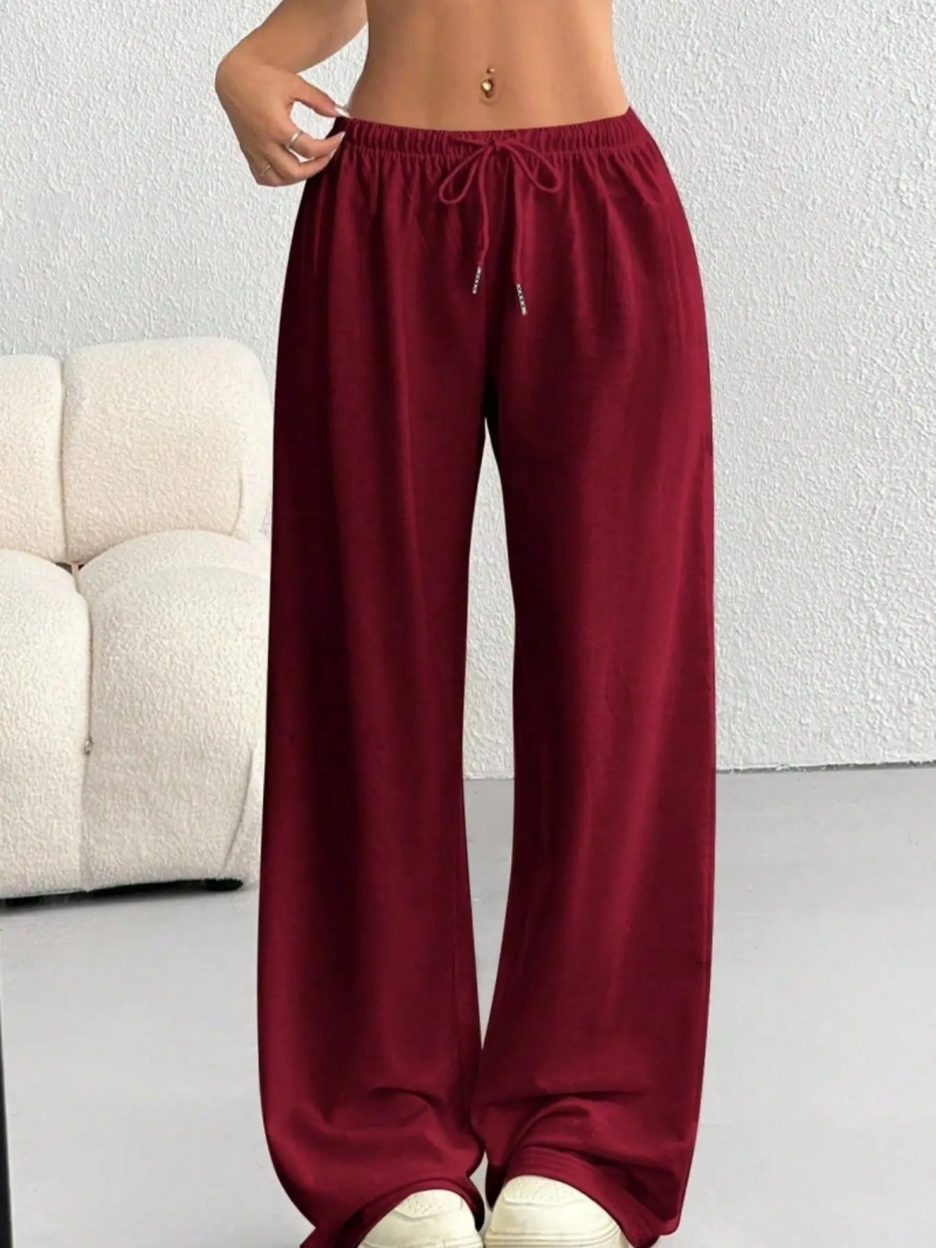Women's Street Style Drawstring Adjustable Waist Wide Leg Bottom Pants, Casual Fashion Pants, Casual Streetwear Pants, Loose Basic Plain Drape Floor-Length Pants, Casual Slimming Fit All-Season Leisure Trousers Womenswear
