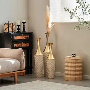 Modern Style 3-Piece Set Large Glazed Metal Floor Vase Woven Pattern Home Decoration Gorgeous Home Decor