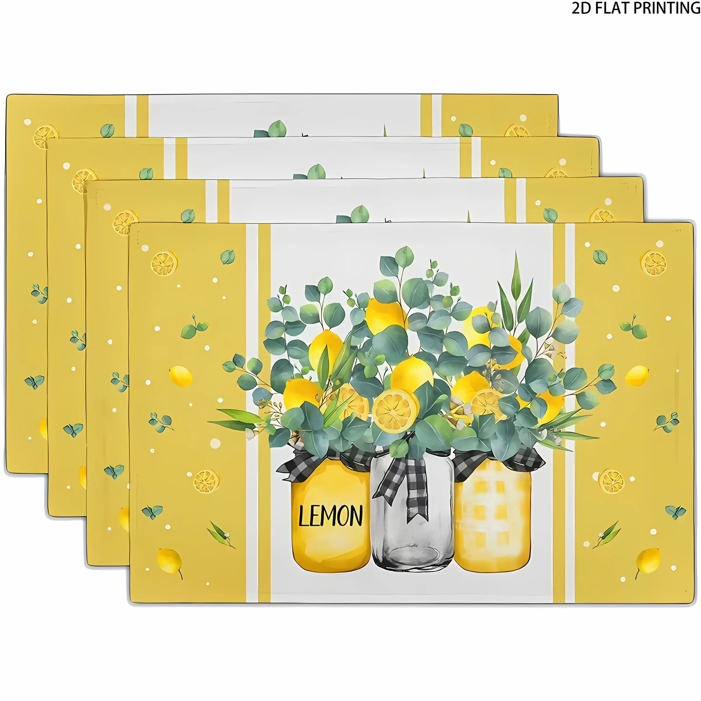 2D flat printing, Table placemats, 2-piece/4-piece/6-piece lemon themed placemat set, 12X18 inches, vase with yellow and green leaves, suitable for dining tables, creating a rural farmhouse atmosphere, suitable for seasonal indoor or outdoor dining