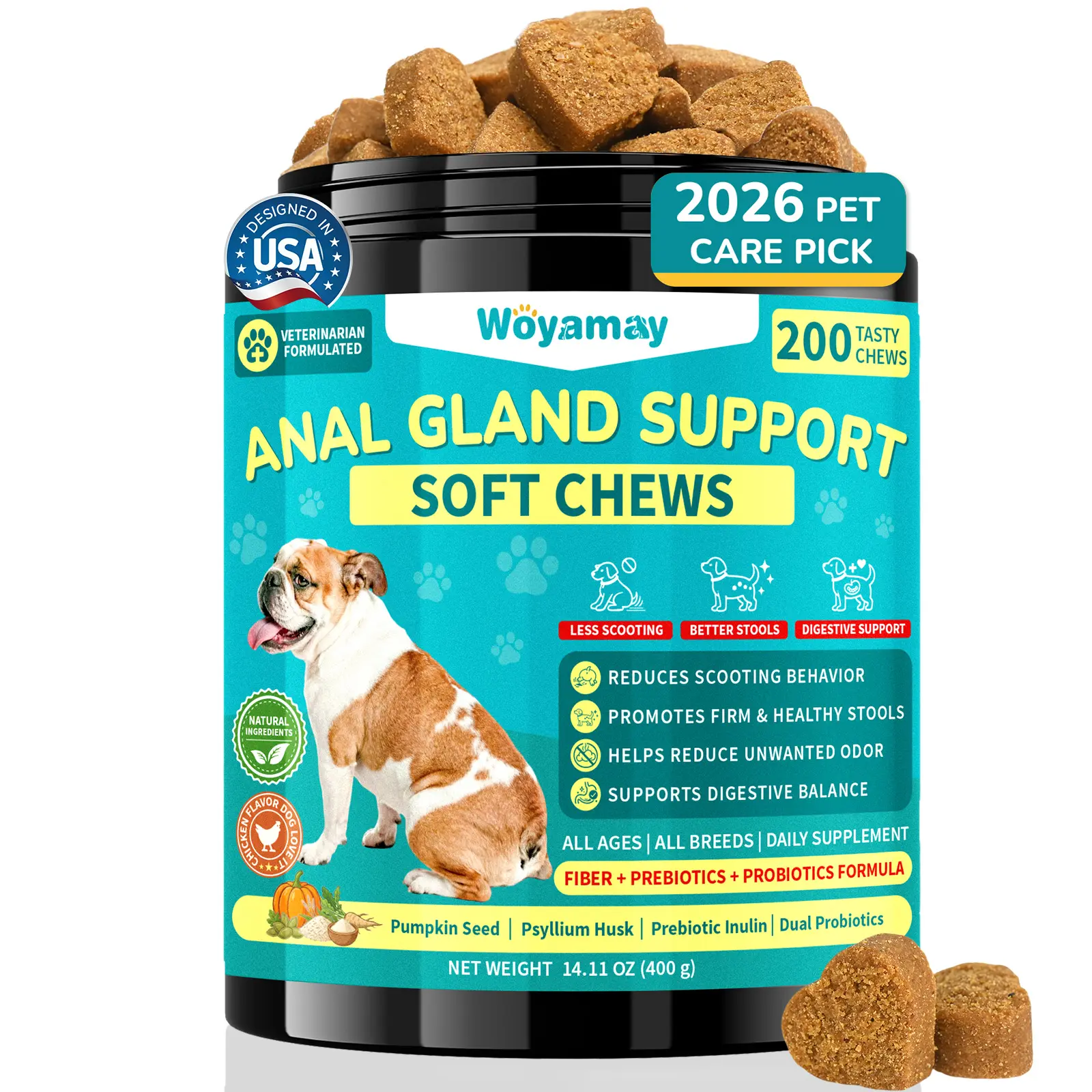 Woyamay Anal Gland Chews for Dogs, No Scoot for Dogs, 200 Soft Chews | Supports Anal Gland Function, Firmer Stools and Digestive Balance; Pumpkin, Psyllium Husk, Inulin and Fiber, Chicken Flavor