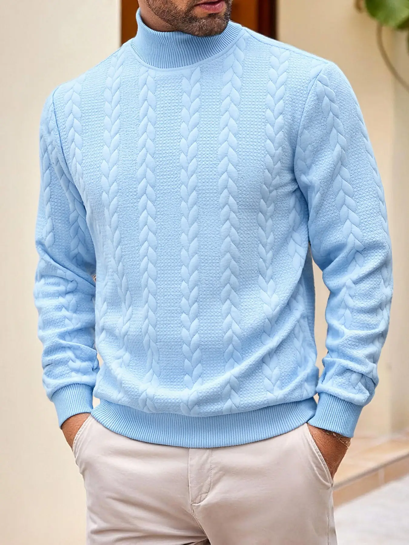 Men's High-Neck Casual Fitted Sweater Pullover Tops Long Sleeve, Warm Winter Textured Plain Knitwear, European & American Fashion Style Large Size Clothing, Knit Sweaters