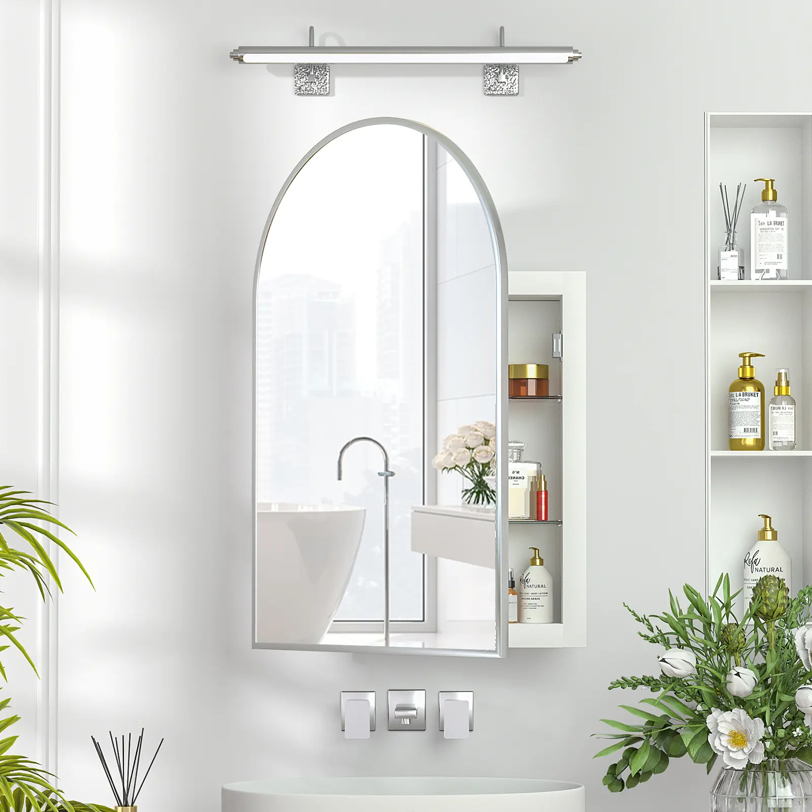 Mepplzian Sturdy Classic Arched Door Brushed Nickel Wall-Mount Recessed Medicine Cabinet with Mirror - 17.3x3.9x20.5 in In-Wall Bathroom Space Saver, 3 Layers, 15-20 Kg Capacity