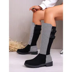 Women's Plaid Chunky Heel Round Toe Boots, Side Zipper Knight Boots, Over-The-Knee Long Boots for Fall & Winter, Winter Warm Boots, Fashionable Ladies' Shoes