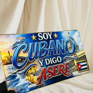 Customizable 6x12 in Cuban Themed Car Number Plate for US Cubans, Intense "Soy Cubano y Digo Asere" Design with Malecón, Morro, Capitolio Graphics, All Seasons Fit for Any Vehicle or Space