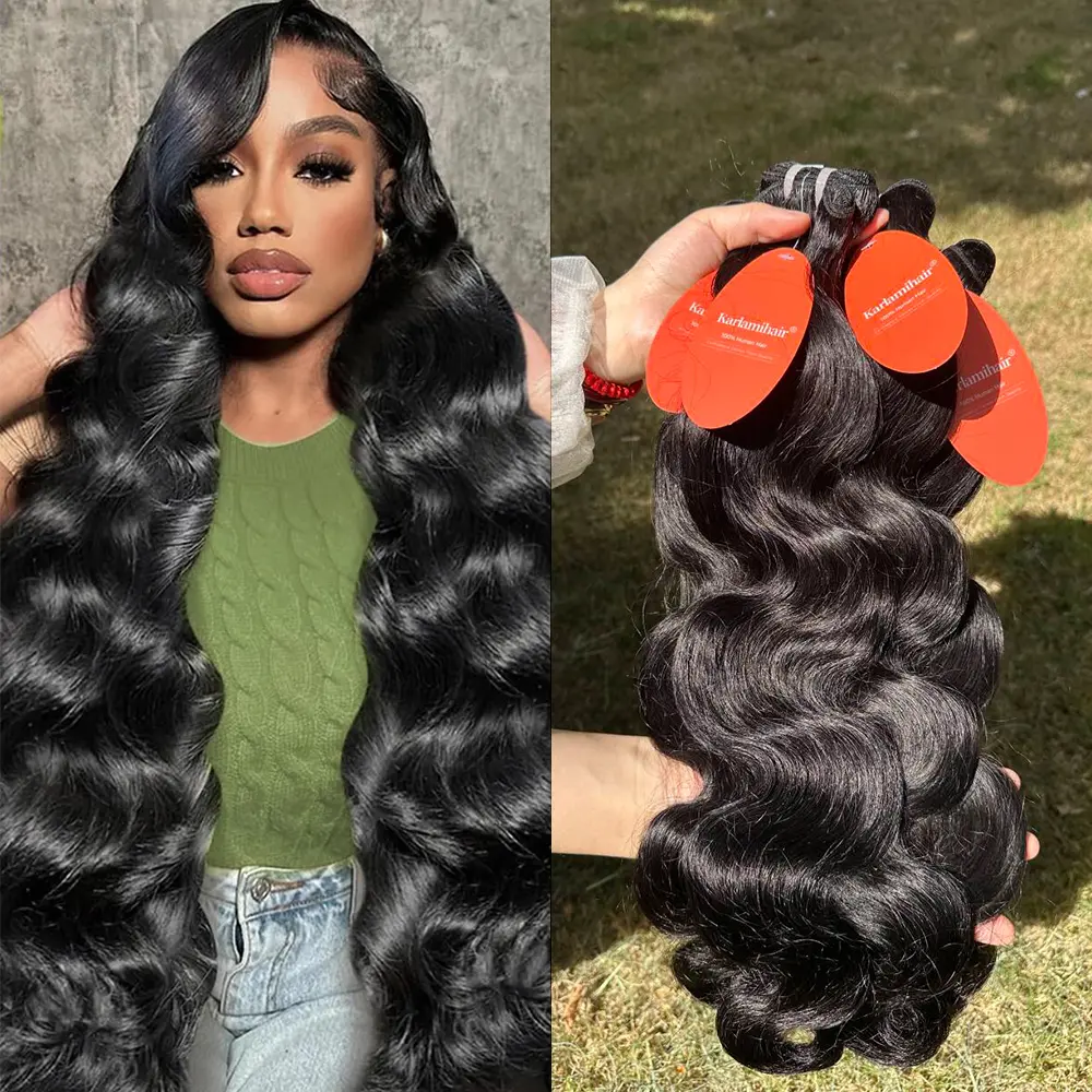 Karlamihair Body Wave Human Hair Bundles 12A Grade Deep Curly Human Hair 100% Unprocessed Brazilian Virgin Hair Loose Deep Wave 3/4 Bundles Human Straight Hair Extensions for Black Women Natural Color