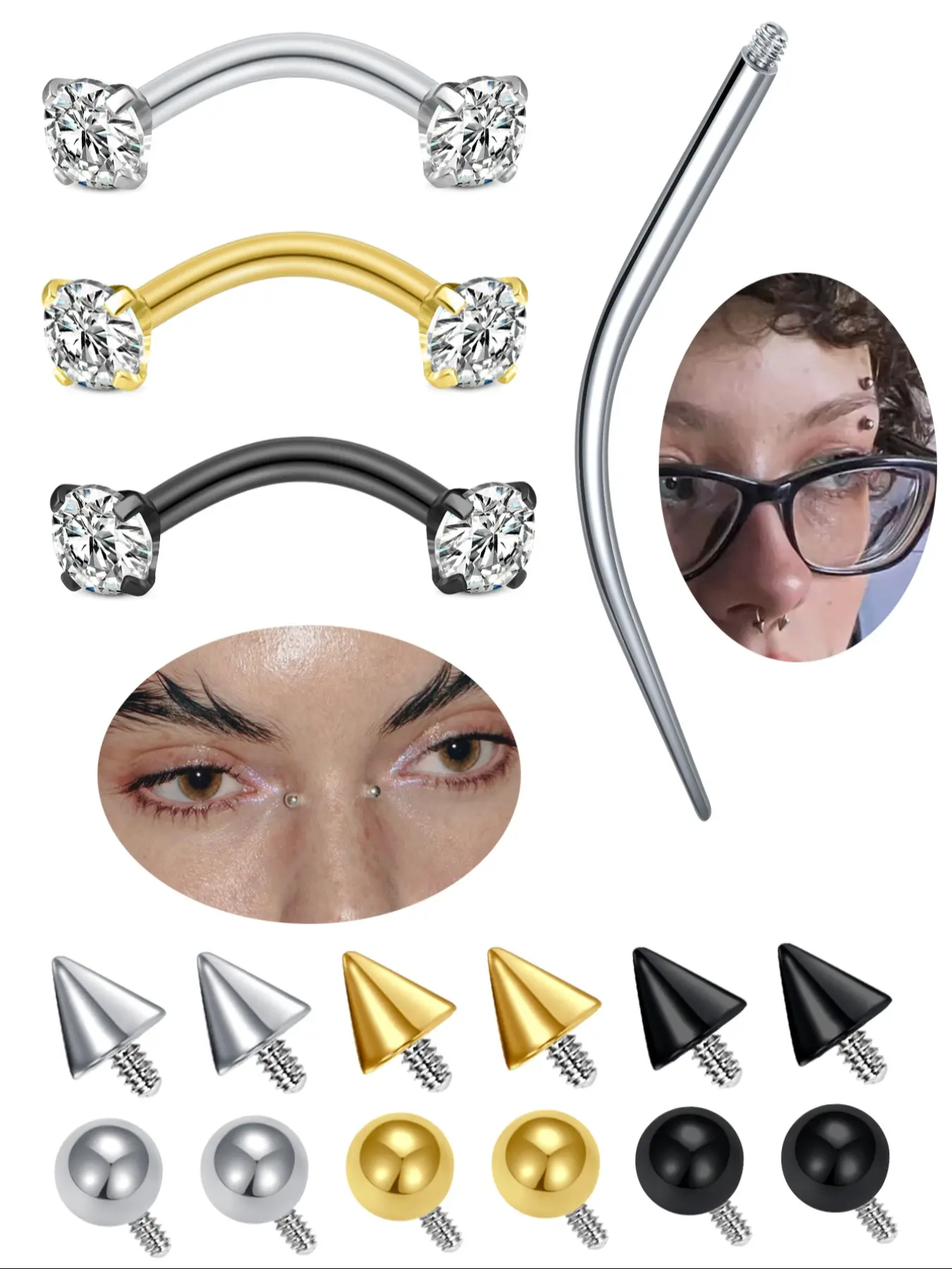 Stainless Steel Zircon Eyebrow Studs with Replaceable Balls, Unisex Body Piercing Jewelry, Body Jewellery, Soft Cartilage Spiral Earrings, Vertical Labret Jewelry, Labret Studs Replacement, High Quality Jewelry, Body Piercings Set