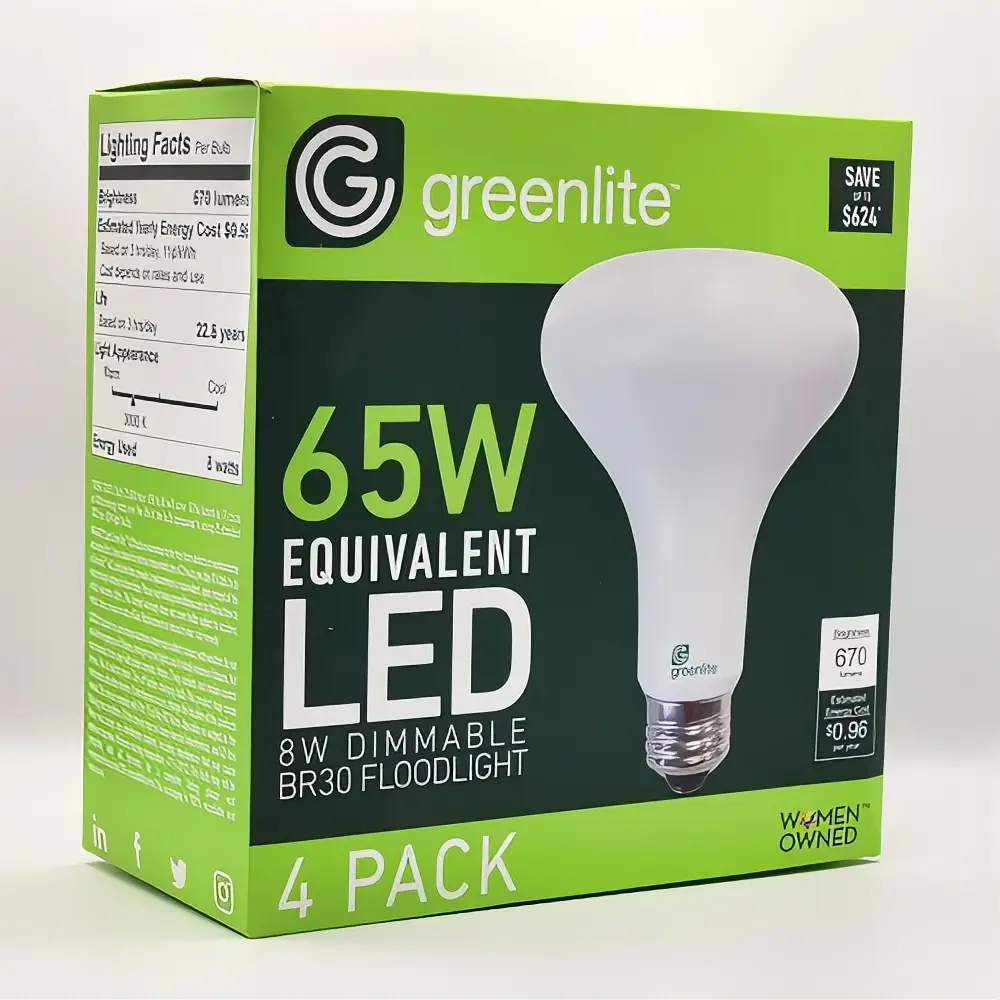 Greenlite BR30 LED Flood Light Bulbs 4 Pack 65W Equivalent 8W 670 Lumens 3000K Bright White Dimmable