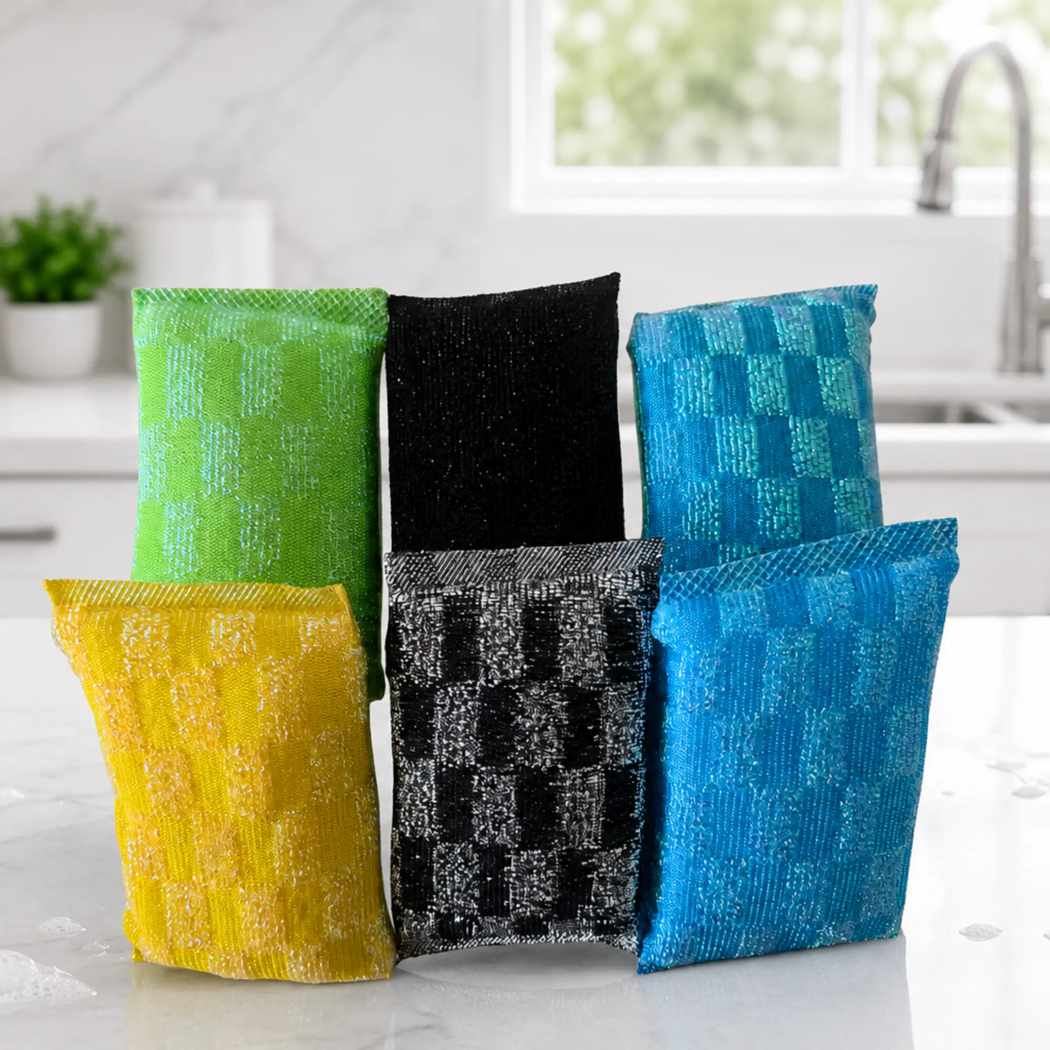 Squeezzee Soap-Filled Cleaning Sponges 6-Pack – Reusable Non-Scratch Multipurpose Scrub Sponges with Built-In Coconut Oil Soap, Assorted Colors