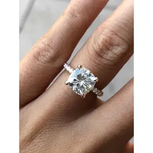 14K Gold Diamond Under Halo with 2 Carat Cushion Cut Forever One Moissanite Engagement Ring