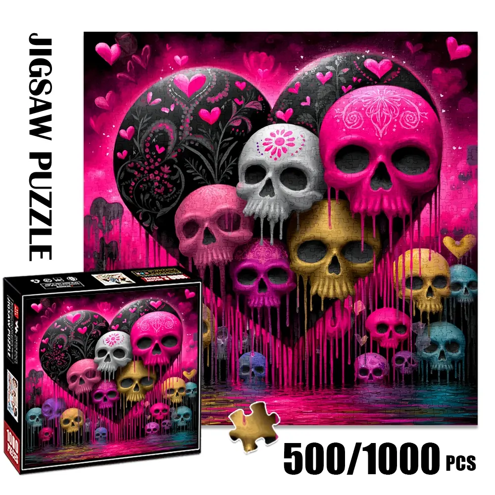 1pc 1000 piece adult puzzle 58x58cm Skulls and Heart with Floral Patterns and Dripping Effect 500 pieces paper jigsaw puzzle suitable for DIY creative games for adults and families, birthday and hol Shape Recognition Puzzles