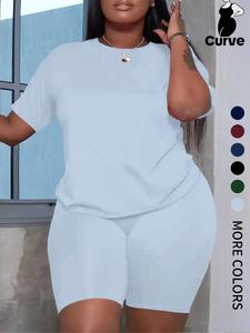 【plus size】 two-piece set solid color tee & shorts, casual baggy round neck short sleeve t-shirt & shorts, women's two-piece set for summer, womenswear, shortsleeve matching clothing set