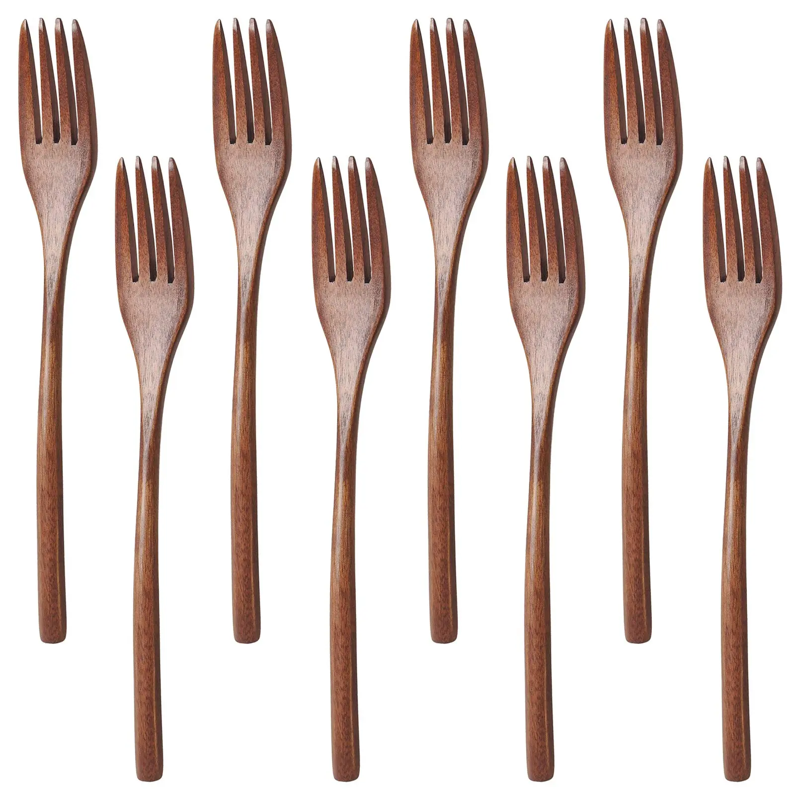 8-Pcs Plain Japanese Wooden Fork Set, Sturdy Reusable Long-Handle Corrosion-Resistant Cutlery for Camping, School, Office & Canteen Kitchen Use