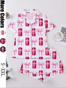 Dr Pepper, Women's 2-Piece Short Sleeve Sleepwear Loungewear Set, Soda Print, Soft Fabric, Elegant Casual, Comfortable Lapel Top & Wide Leg Shorts