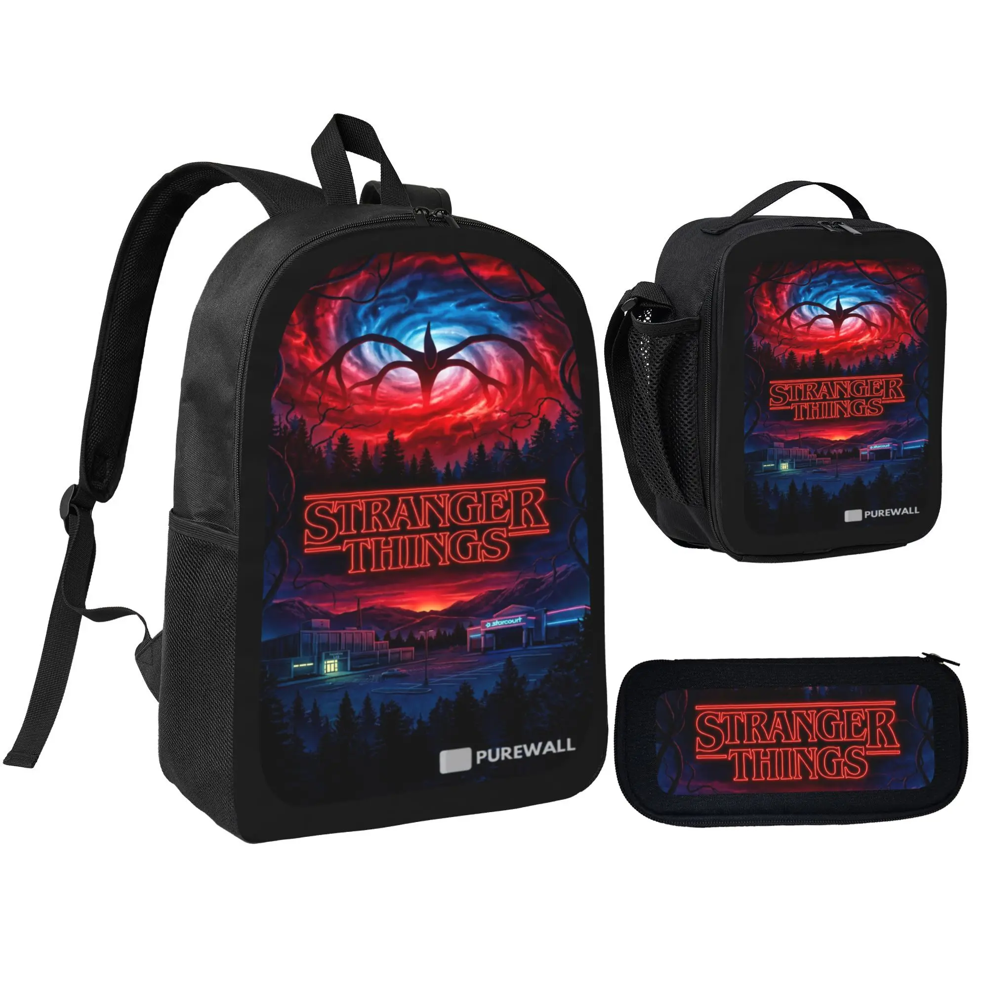 Stranger Things Official Collaboration 3-Piece Backpack Set - Including Retro Black School Backpack, Pencil Bag and Lunch Bag - Netflix Stranger Things Stationery Set