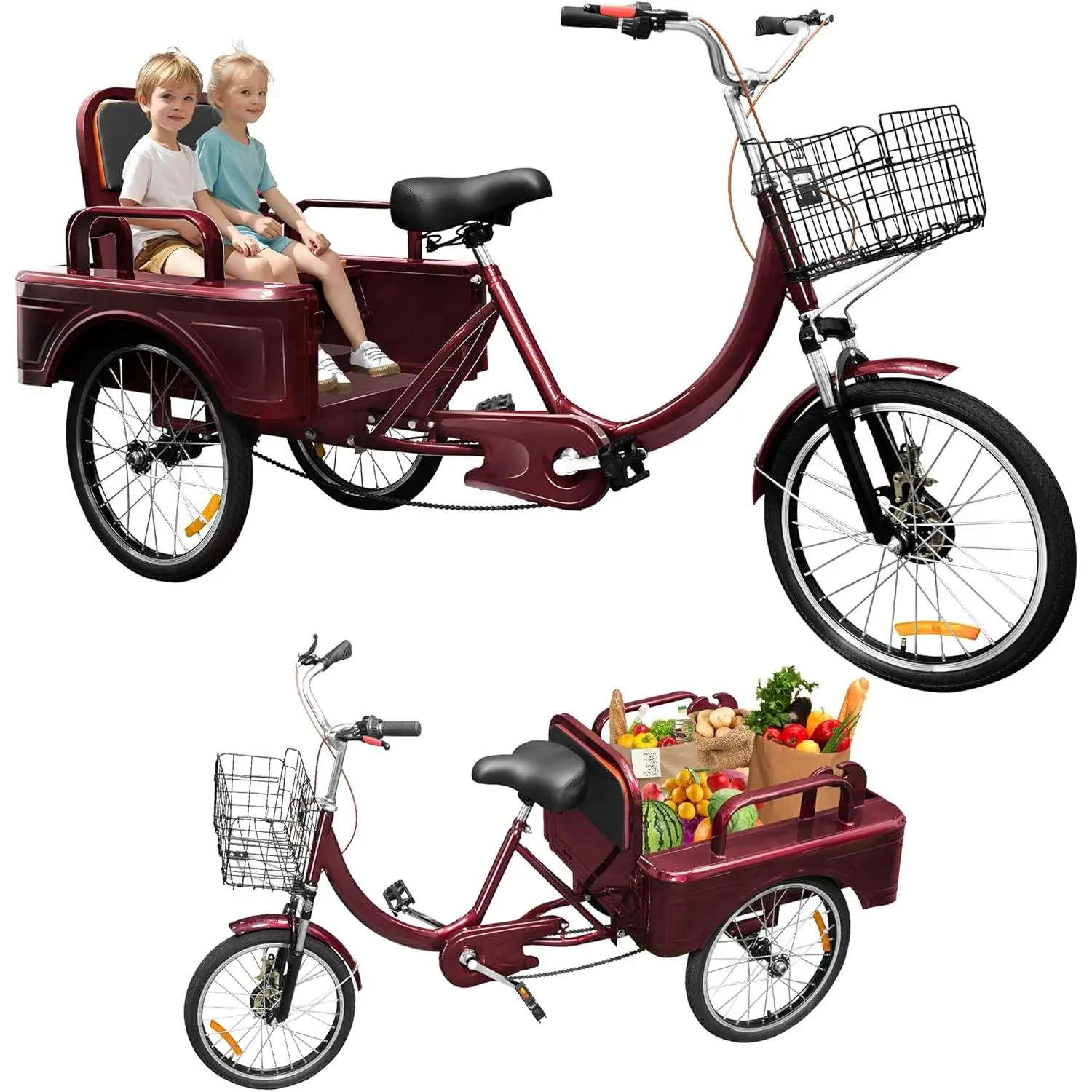 MOOITZ Adult Tricycle, 20 Inch 3-Wheel Bikes Carrying Passengers and Cargo, Trike for Adults with Front Baskets for Women, Seniors, Men, Low Step-Through Cruiser Bike for Cycling, Outing, Picnic, Red deskmakeover