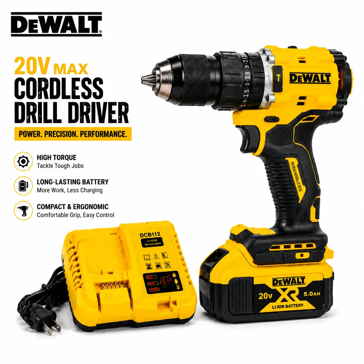 ()DEWALT Yellow Cordless Drill Set, High Torque Drilling & Screw Driving, Durable Metal Gear + Strong Plastic Housing, Powerful Performance with Lightweight Design, Trending DIY Power Tool Kit, Home Repair Garage Workshop Woodworking Projects