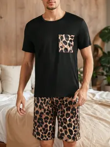 Men's Leopard Print Pajama Set, Short Sleeve Top + Leopard Print Shorts, Two-Piece Home Wear, Comfortable Sleepwear for Men