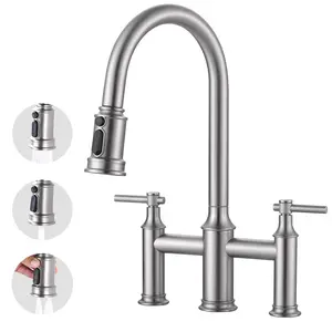 WOWOW 1 or 3 Holes Brass Double Handle Bridge Kitchen Faucet with 3-Mode Pull Down Sprayer and Supply Lines in Brushed Nickel
