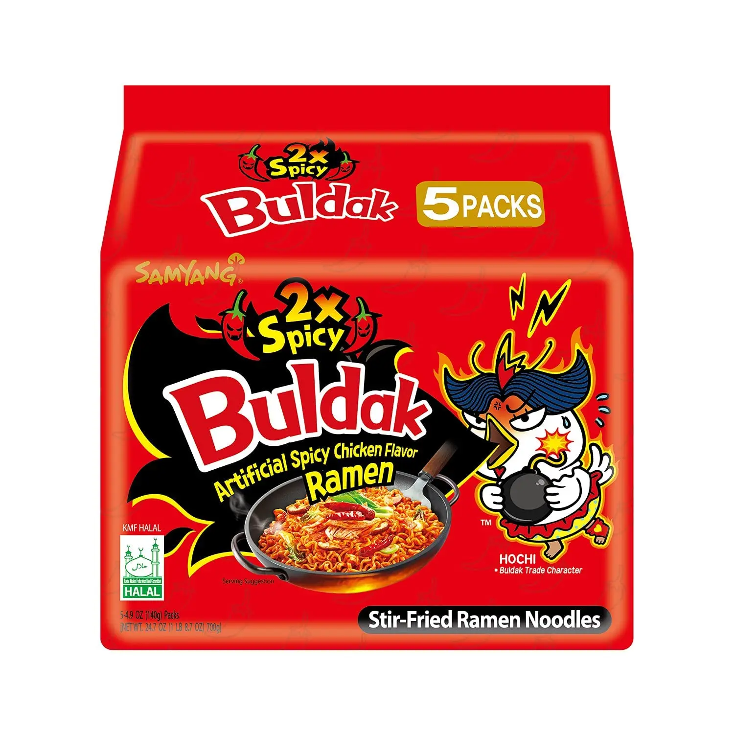 Samyang Buldak Stir Fry Ramen, 2X Super Spicy Hot Chicken Flavored Korean Instant Noodles, 4.94 oz(140g) Pack of 5, Super Spicy Instant Noodles, Packaged Ramen Instant Noodles