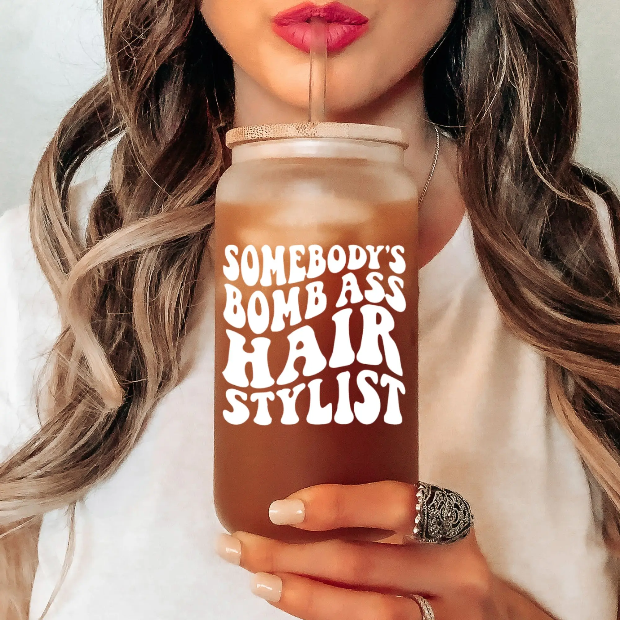 16 ounce Somebody's Bomb Ass Hairstylist Glass Cup wit bamboo lid and glass straw, Gift for Hairdresser, Hairstylist Gift Idea, Coffee Cup, Glass Tumbler Libbey Cup Drinkware Reusable Stylish Mug